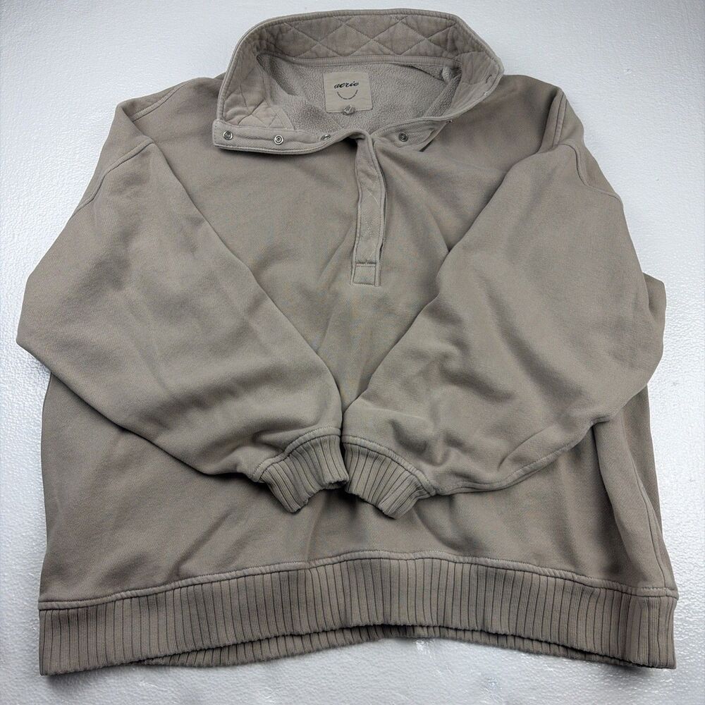 Aerie Oh Snap! 1/4 Pullover Sweatshirt Beige/Taupe Fleece Mock Neck Women’s XL